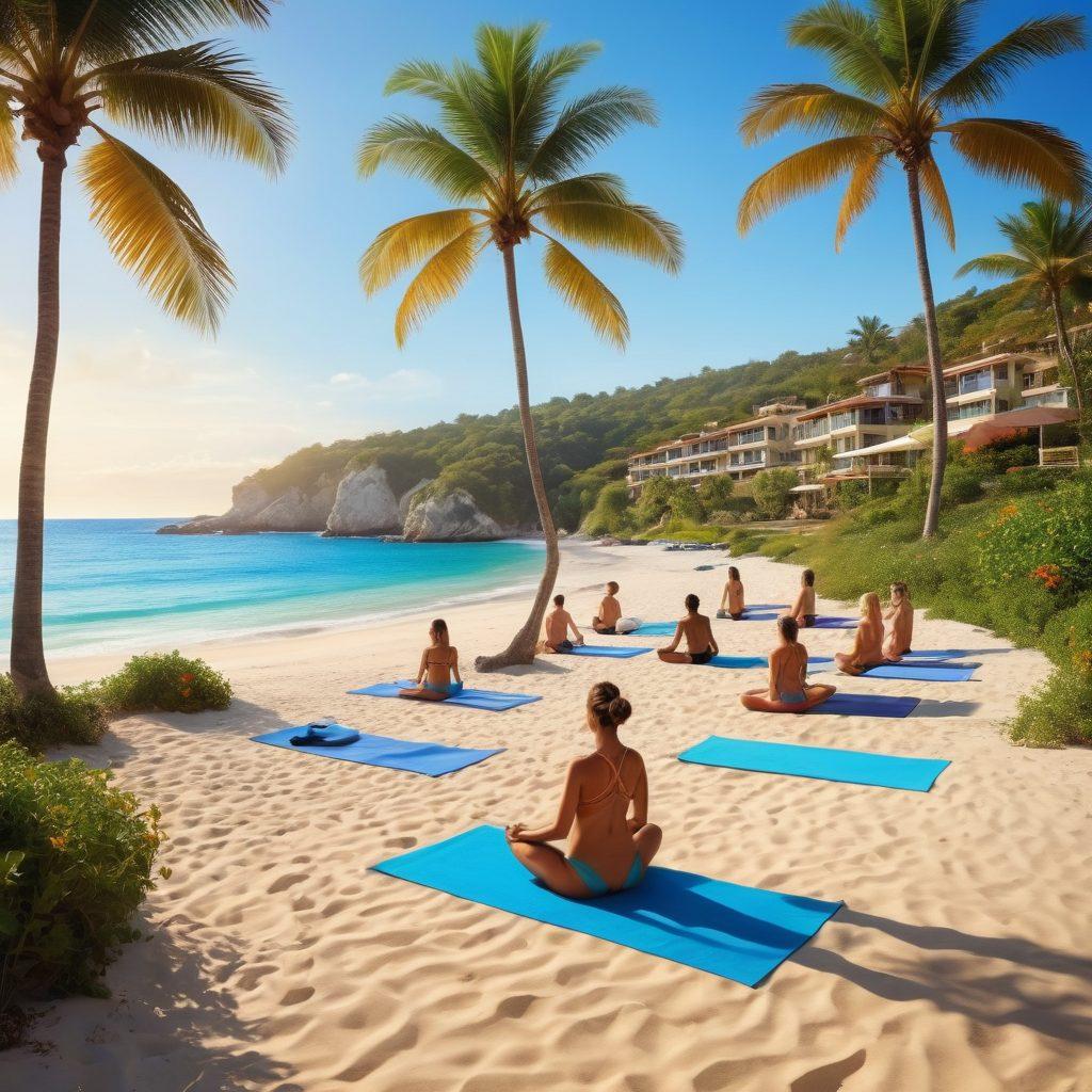 A stunning beach scene depicting a vibrant nudist community enjoying various outdoor activities like yoga, beach volleyball, and sunbathing against the backdrop of a luxurious resort. The image should capture the essence of freedom and relaxation, highlighting sun-soaked skin and playful interactions. Incorporate lush greenery and clear blue waters, creating a sense of serenity and fun. super-realistic. vibrant colors. sunny atmosphere.