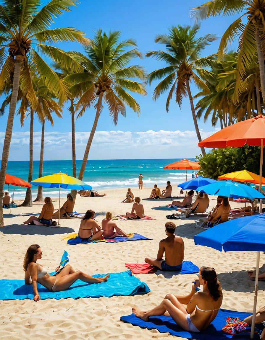 A serene beach scene capturing a lively nudist community, with people of various ages enjoying sunbathing, playing beach volleyball, and engaging in laughter, surrounded by lush green palm trees and bright blue skies. Soft waves gently lap at the shore while colorful beach towels and umbrellas are scattered about. The atmosphere is joyful and liberating, celebrating body positivity and freedom. vibrant colors. super-realistic.